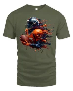 Explosive Football Player Graphic T Shirt With High Energy Motion Art - military green t-shirt on white background