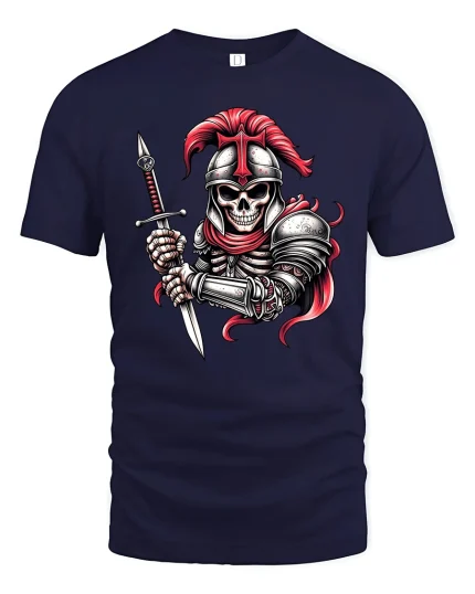 Gothic Skull Knight Warrior Graphic T Shirt With Dark Fantasy Power - navy t-shirt on white background