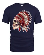 Tribal Skull Headdress Graphic T Shirt With Bold Warrior Spirit - navy t-shirt on white background