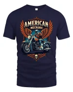 American Mechanic Motorcycle Graphic T Shirt With Classic Biker Pride - navy t-shirt on white background