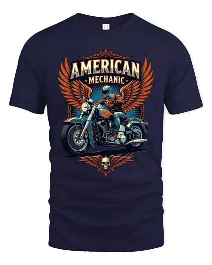 American Mechanic Motorcycle Graphic T Shirt With Classic Biker Pride - navy t-shirt on white background