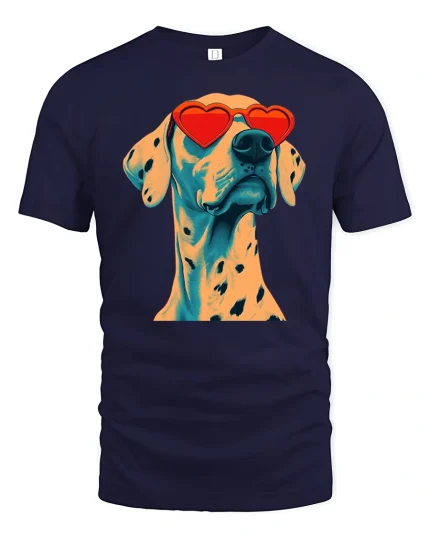 Funny Dalmatian Dog Graphic T Shirt With Heart Sunglasses Style - navy t-shirt on white background