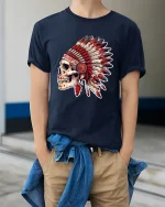 Tribal Skull Headdress Graphic T Shirt With Bold Warrior Spirit - model wearing navy tee with hands in pockets