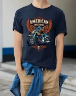 American Mechanic Motorcycle Graphic T Shirt With Classic Biker Pride - model wearing navy tee with hands in pockets