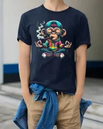 Funny Chill Monkey Graphic T Shirt With Relaxed Street Zen Vibes - model wearing navy tee with hands in pockets