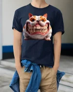 Funny Fierce Bulldog Graphic T Shirt With Huge Toothy Grin Art - model wearing navy tee with hands in pockets