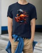 Explosive Football Player Graphic T Shirt With High Energy Motion Art - model wearing navy tee with hands in pockets