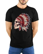 Tribal Skull Headdress Graphic T Shirt With Bold Warrior Spirit - model wearing black tee with hands behind back