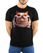 Funny Fierce Bulldog Graphic T Shirt With Huge Toothy Grin Art - model wearing black tee with hands behind back