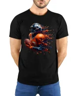 Explosive Football Player Graphic T Shirt With High Energy Motion Art - model wearing black tee with hands behind back