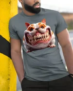 Funny Fierce Bulldog Graphic T Shirt With Huge Toothy Grin Art - model wearing grey tee, leaning on column