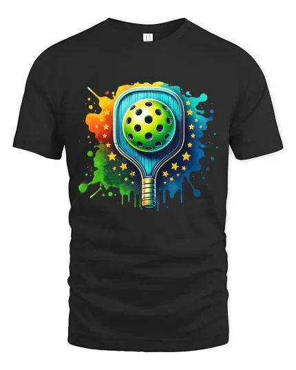 Color Splash Pickleball Paddle Graphic Tee With Bold Energy Art - black t-shirt on white background
