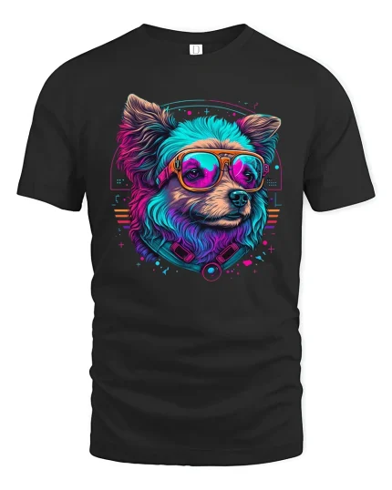Neon Cyber Dog Graphic Tee With Retro Futuristic Street Art Style - black t-shirt on white background