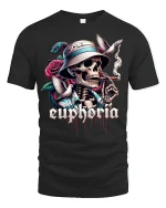 Euphoria Skull Graphic Tee With Cigar Rose Snake Street Art - black t-shirt on white background