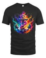 Vibrant Flaming Anchor Graphic Tee With Colorful Fire Art - black t-shirt on white background