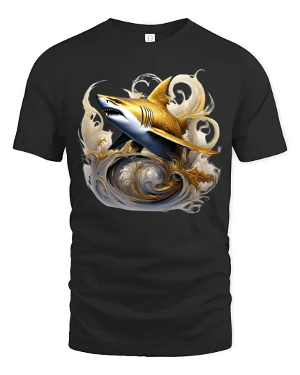 Golden Shark Wave Graphic Tee With Elegant Ocean Art Style - black t-shirt on white background