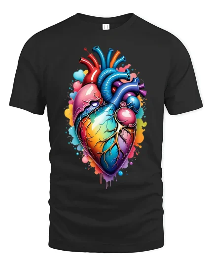 Vibrant Anatomical Heart Art Tee With Bold Color Splash Style - black t-shirt on white background