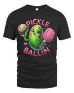 Pickle Ballin Funny Pickleball Cartoon Graphic T Shirt - black t-shirt on white background