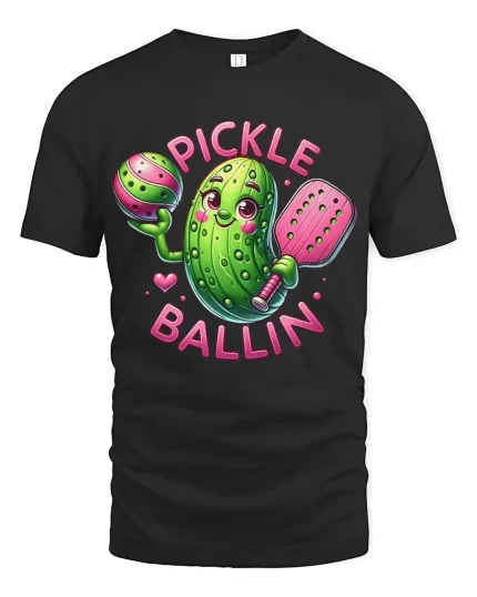 Pickle Ballin Funny Pickleball Cartoon Graphic T Shirt - black t-shirt on white background