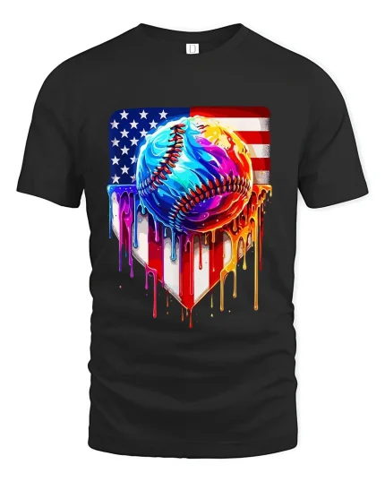 American Drip Baseball Graphic Tee With Bold Patriotic Art Style - black t-shirt on white background