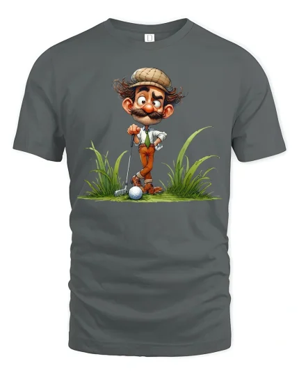 Funny Cartoon Golfer Graphic T Shirt With Playful Golf Humor Art - gray t-shirt on white background