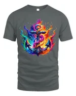 Vibrant Flaming Anchor Graphic Tee With Colorful Fire Art - gray t-shirt on white background