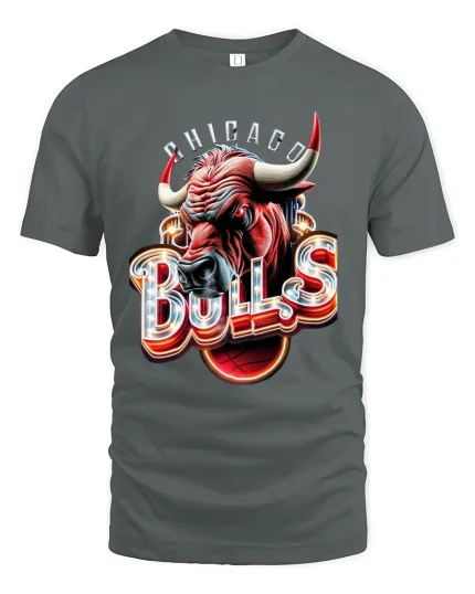 Chicago Bulls Inspired Power Bull Graphic T Shirt With Neon Edge - gray t-shirt on white background