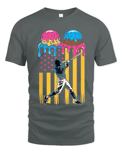 Baseball Swing Meets Ice Cream Graphic T Shirt With Fun Pop Art - gray t-shirt on white background