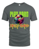 Play Hard Drip Hard Soccer Graphic T Shirt With Neon Street Art - gray t-shirt on white background