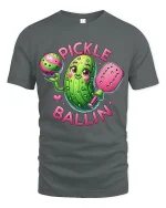 Pickle Ballin Funny Pickleball Cartoon Graphic T Shirt - gray t-shirt on white background