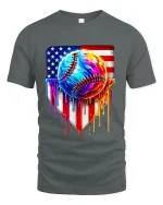 American Drip Baseball Graphic Tee With Bold Patriotic Art Style - gray t-shirt on white background