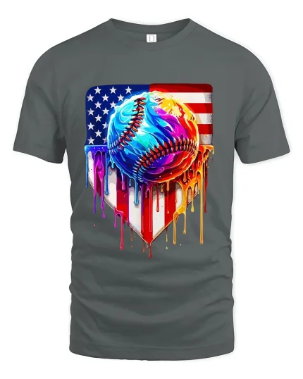 American Drip Baseball Graphic Tee With Bold Patriotic Art Style - gray t-shirt on white background