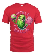 Pickle Ballin Funny Pickleball Cartoon Graphic T Shirt - red t-shirt on white background