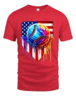 American Drip Baseball Graphic Tee With Bold Patriotic Art Style - red t-shirt on white background