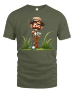 Funny Cartoon Golfer Graphic T Shirt With Playful Golf Humor Art - military green t-shirt on white background
