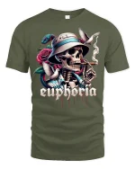 Euphoria Skull Graphic Tee With Cigar Rose Snake Street Art - military green t-shirt on white background