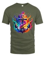 Vibrant Flaming Anchor Graphic Tee With Colorful Fire Art - military green t-shirt on white background