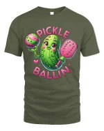 Pickle Ballin Funny Pickleball Cartoon Graphic T Shirt - military green t-shirt on white background
