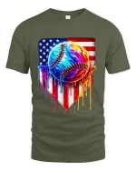 American Drip Baseball Graphic Tee With Bold Patriotic Art Style - military green t-shirt on white background