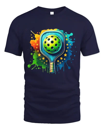 Color Splash Pickleball Paddle Graphic Tee With Bold Energy Art - navy t-shirt on white background