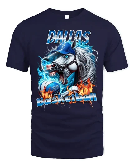 Dallas Basketball Horse Graphic Tee With Fire Lightning Power Style - navy t-shirt on white background