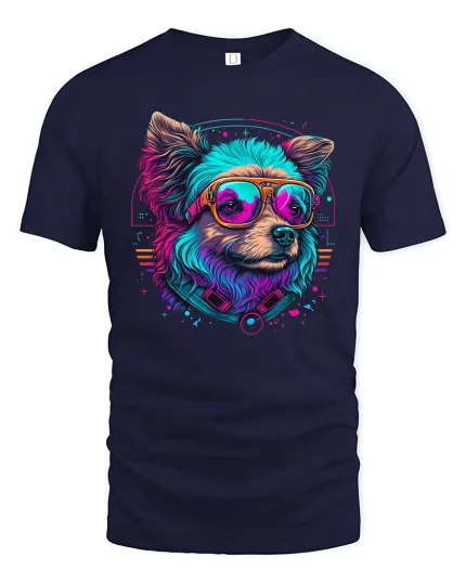 Neon Cyber Dog Graphic Tee With Retro Futuristic Street Art Style - navy t-shirt on white background