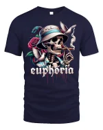 Euphoria Skull Graphic Tee With Cigar Rose Snake Street Art - navy t-shirt on white background