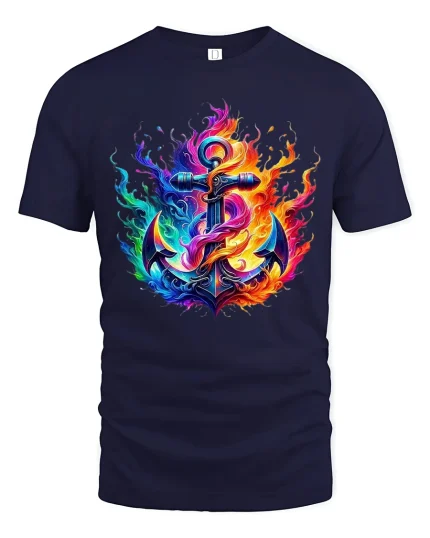 Vibrant Flaming Anchor Graphic Tee With Colorful Fire Art - navy t-shirt on white background