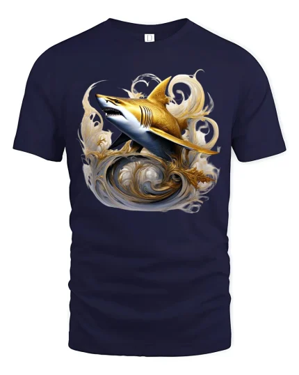 Golden Shark Wave Graphic Tee With Elegant Ocean Art Style - navy t-shirt on white background