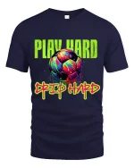 Play Hard Drip Hard Soccer Graphic T Shirt With Neon Street Art - navy t-shirt on white background