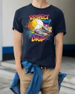 Respect The Drip Volleyball Sneaker Graphic Tee With Street Art Style - model wearing navy tee with hands in pockets