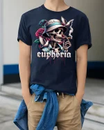 Euphoria Skull Graphic Tee With Cigar Rose Snake Street Art - model wearing navy tee with hands in pockets