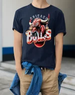 Chicago Bulls Inspired Power Bull Graphic T Shirt With Neon Edge - model wearing navy tee with hands in pockets