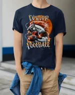 Denver Football Horse Power Graphic T Shirt With Lightning Energy - model wearing navy tee with hands in pockets
